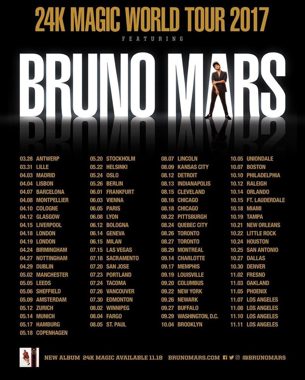 Bruno Mars actuará en Madrid y Barcelona dentro de su gira mundial